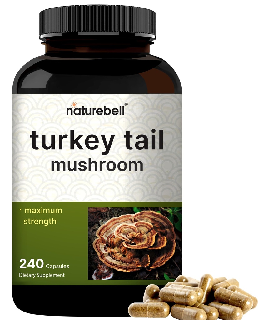 NatureBell Turkey Tail Mushroom Capsules 15.000mg pro Servierung, 240 Count | 25:1 Fruchtkörper & Mycelextrakt – Immun- & Gehirn-Gesundheitsmushrooms Supplement.