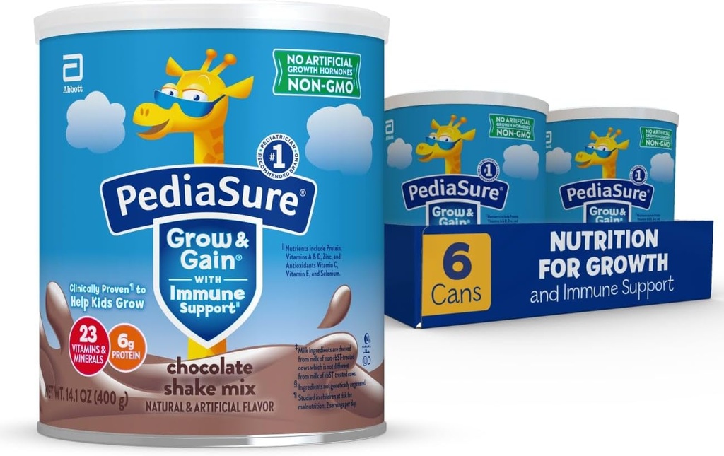 PediaSure Grow & Gain mit Immununterstützung Shake Mix Powder, 23 Vitamine & Minerals, 6g Protein, Non-GMO, Gluten-Free, Kinderernährung, Schokolade, 14.1 Unze Can, Pack von 6-48 Portionen