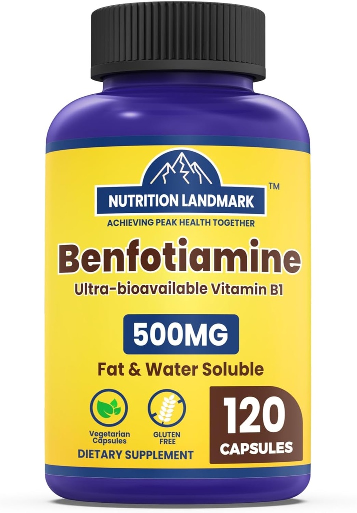 Vitamine B1 Benfotiamine, 500mg par portion, 120 Capsules,Fat & Water Soluble Vitamine B1, Sans gluten, Non-OGM, Végétarien