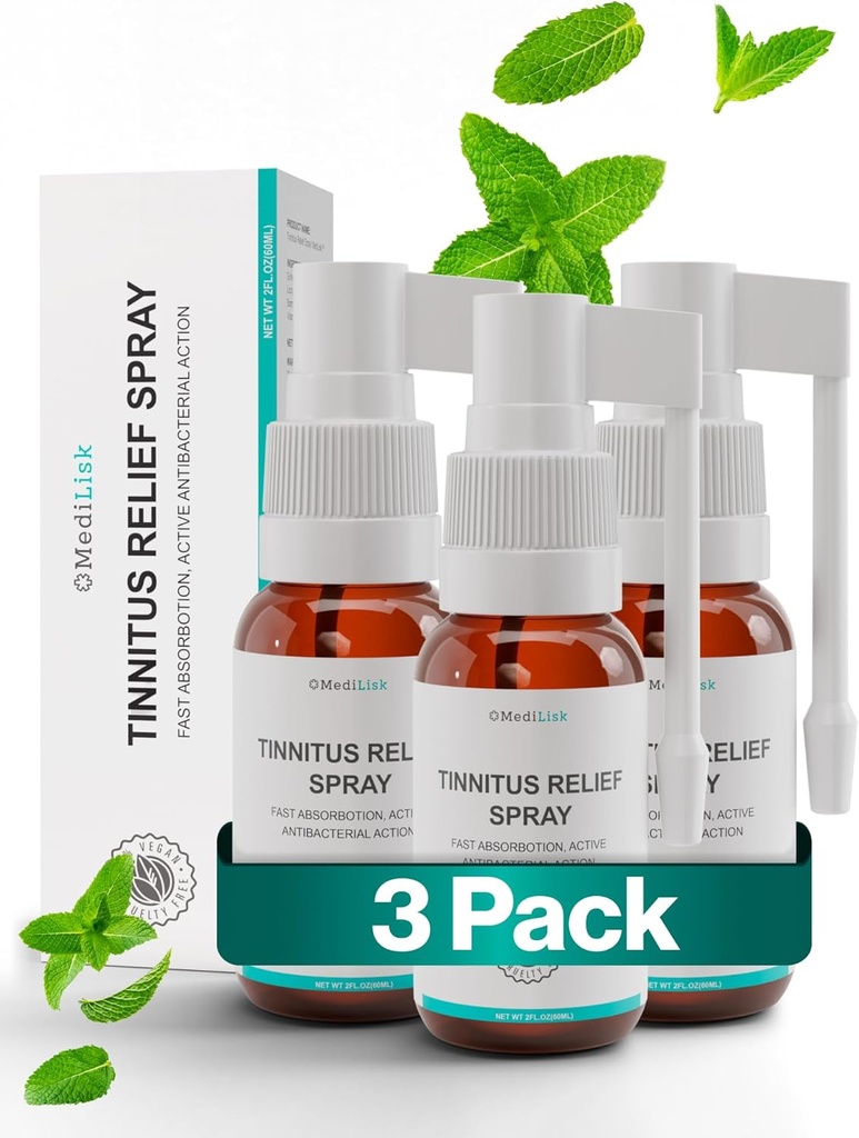 Medilisk Tinnitus Relief Spray – unterstützt Tinnitus Relief für Ringe Ohren – Kräuterohrpflege Produkte – Nicht-Steroidal & Allergiker – 1 Fl Oz – Packung mit 3