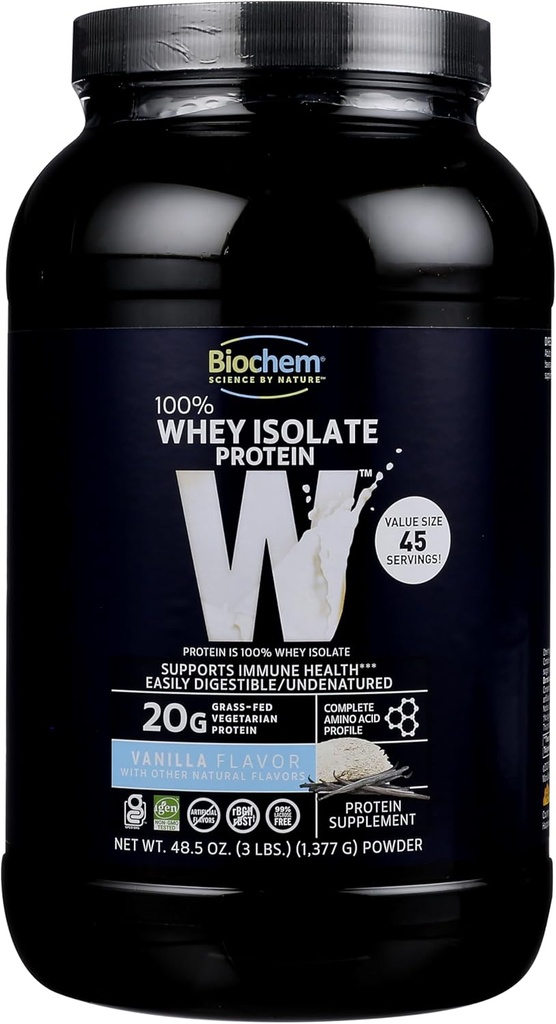Biochem 100% Whey Isolate Protéines Poudre, Vanilla Flavor, 20g Protéines herbeuses, Céto, Sans gluten, Facilement digestible, Végétarien, 48,5 oz, 45 portions