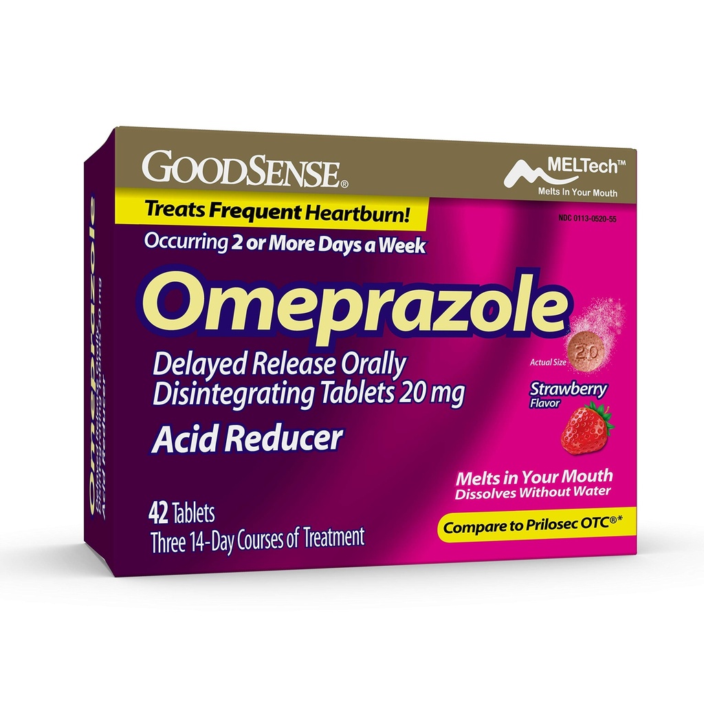 GoodSense Omeprazole Delayed Release Orally Disintegrating Tablets 20 mg, Strawberry Flavor, Dissolve Tabs, Treats Frequent Heartburn, Acid Reducer, Heartburn Medicine, 42 Tablets