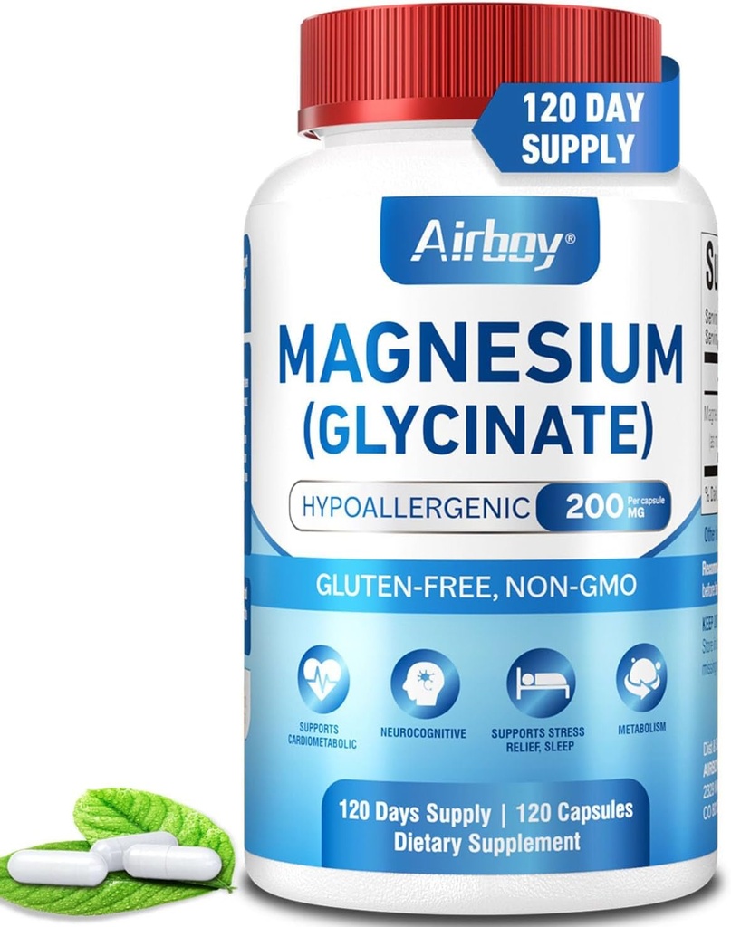 Airboy Magnesium Glycinate 200 mg, Bestes Magnesium Glycinat für Schlaf, 120 Vegan kleine Kapseln, hohe Absorption Unterstützung Erholung, Schlaf und ruhige Stimmung, Non-GMO und keine Gluten