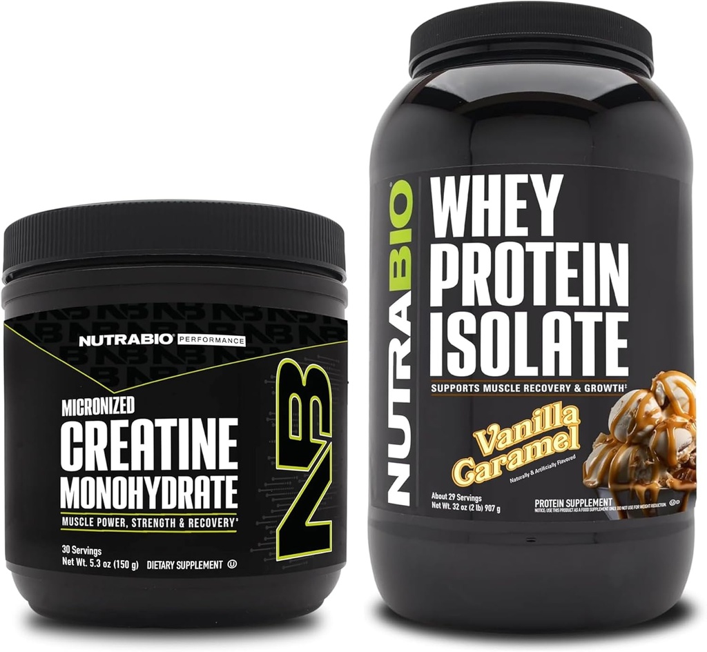 NutraBio Creatine Monohydrat, Unflavored, 150g und Whey Protein Isolate, Vanilla Caramel, Supplement Bundle - Muskelenergie, Lean Muskelwachstum, Erholung und Stärke