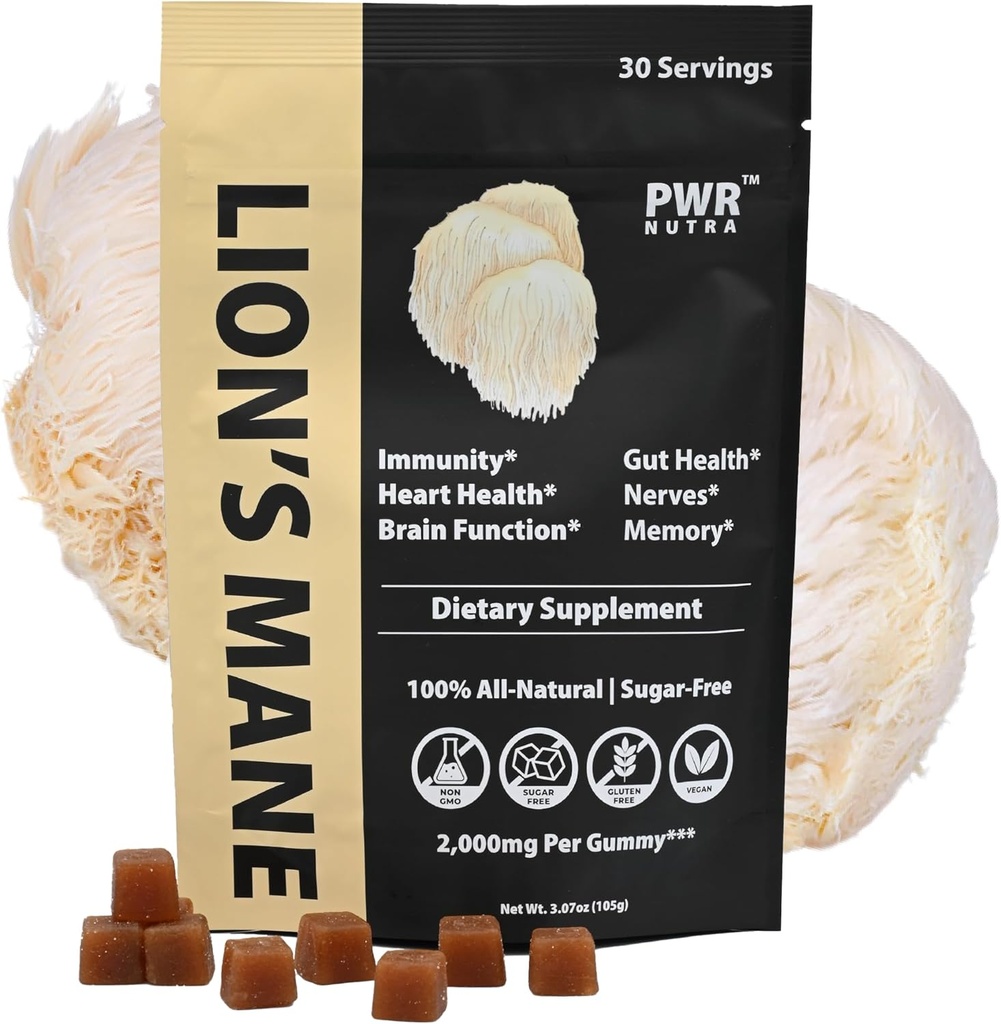 Gummées de champignons de la Mane - Coeur, Immunité, Inflammation, Soutien Cerveau, Vegan, Sans Sucre, GF, 30 VRUE, 3.7oz