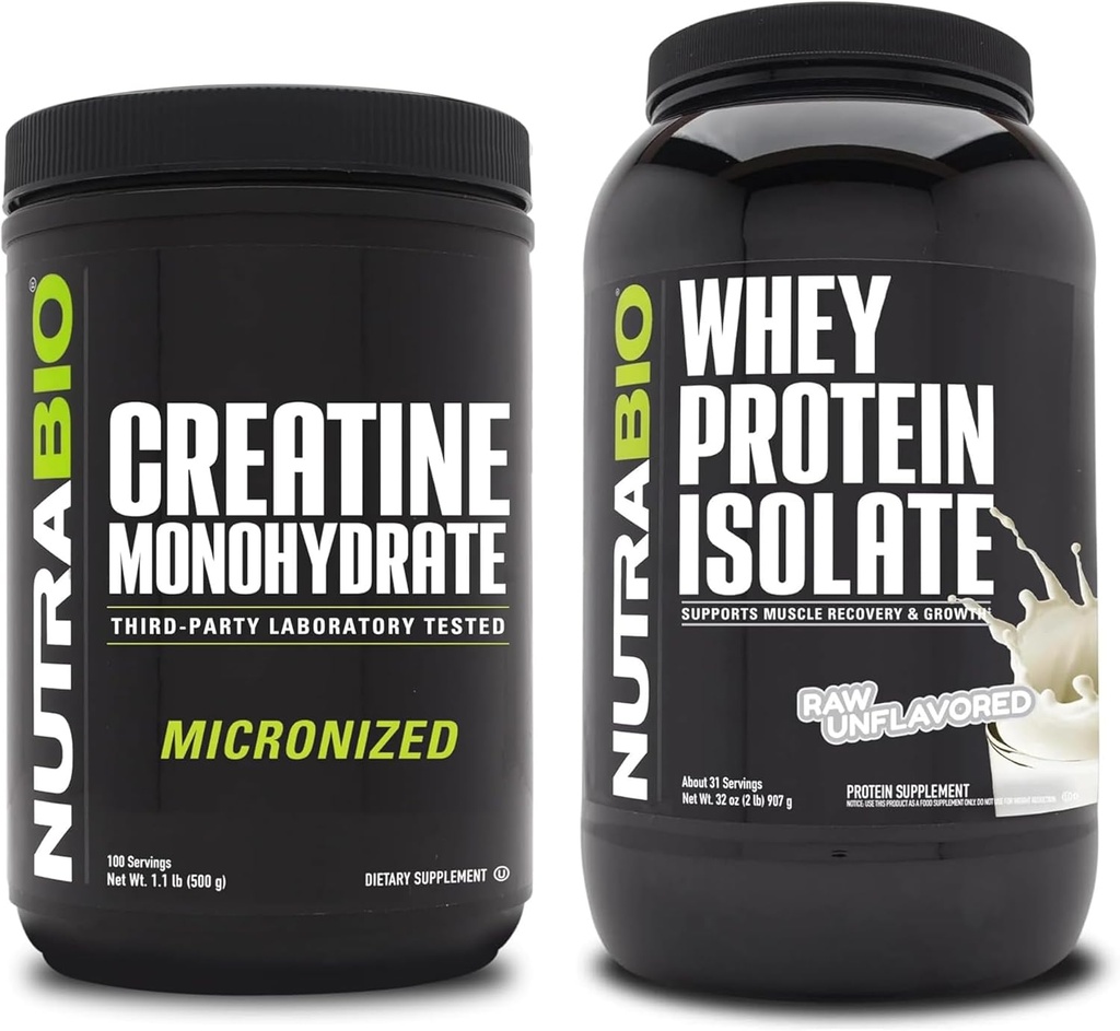 NutraBio Créatine monohydratée, non aromatisée, 500g et Isolée de protéines de lactosérum, non aromatisée, supplément - Énergie musculaire, croissance musculaire maigre, récupération et force