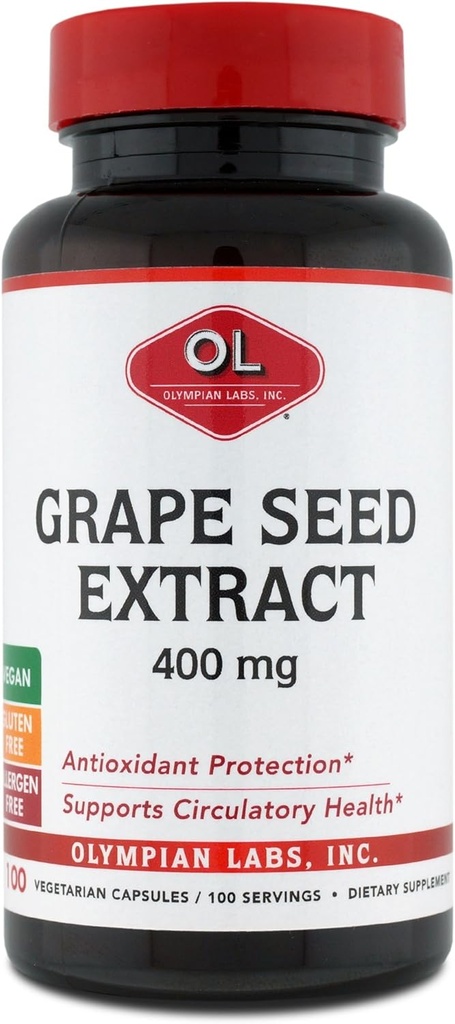 Olympians Labs Graines de raisin Extrait 400 mg Capsules, 100 Compte Soutien à la santé cardiaque, Antioxydant Protection.