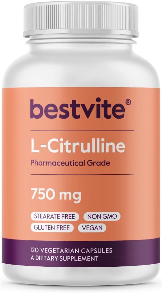 BESTVITE L-Citrulline 750mg par gélule (120 capsules végétariennes) - Pas de stéarate - Pas de silice - Pas de remplissage - Non OGM - Sans gluten - Vegan