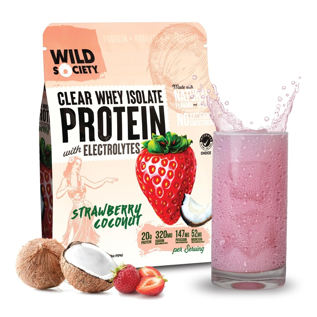 SOCIÉTÉ WILD - Protéine de lactosérum clair + électrolytes - Poudre d'isolat de lactosérum rafraîchissante - 20g Protéine, 0 Sucre ajouté, sans OGM, arômes et couleurs naturels - noix de coco fraise, 16 oz
