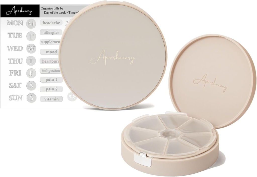 7 Compartiments Pill Case, Pill Box, Organisateur quotidien de pilules, Organisateur de pilules de voyage, Organisateur de médicaments, Distributeur de pilules personnalisable avec stickers étiquette (Pearl Cream)