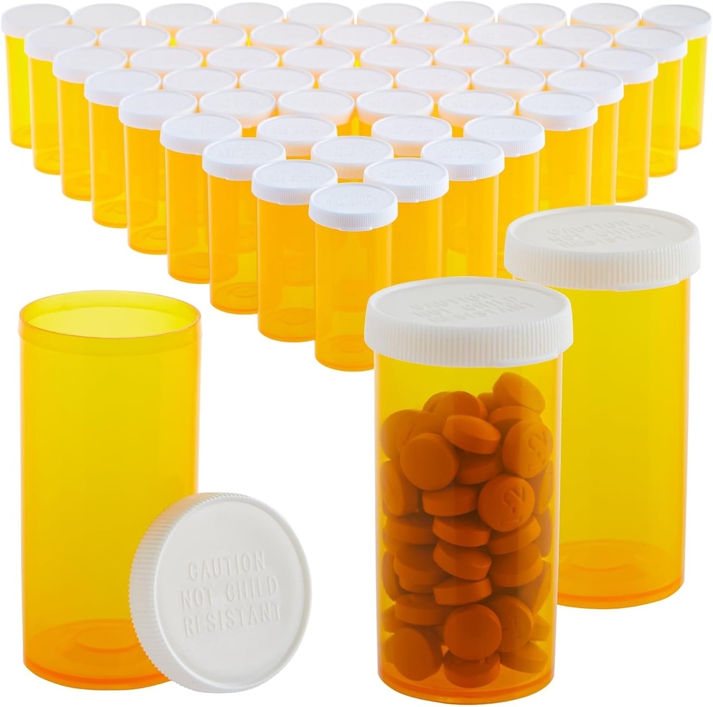 50-Pack Säule Flaschen Leere mit Kappen - 13 Säule Dram Kunststoff Medizin Flaschen - Plastik Vials - Behälter für verschreibungspflichtige Medikamente, Vitamine & Ergänzungen - Orange