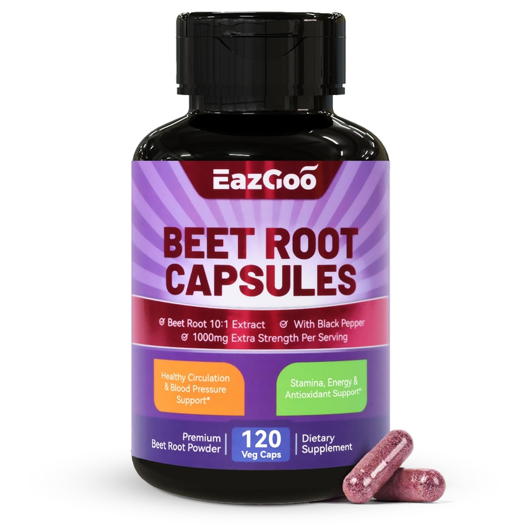 Capsules de racines de betterave 1000mg par portion, soutient la production d'oxyde nitrique et la pression artérielle, avec extrait de poivre noir, non-OGM, sans gluten, végétalien - 120 comtes
