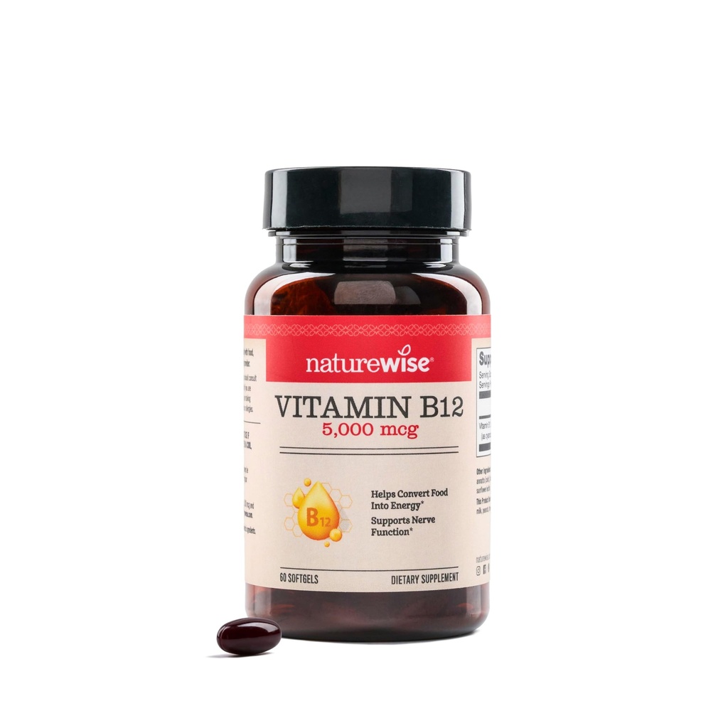 NatureWise Vitamin B12 5000 mcg - Extra Strength - Ergänzung zur Unterstützung von Energieniveaus, Mental Clarity, Nervous System Health - Easy-to-Swallow, Soy und Gluten-Free, Non-GMO - 60 Softgels