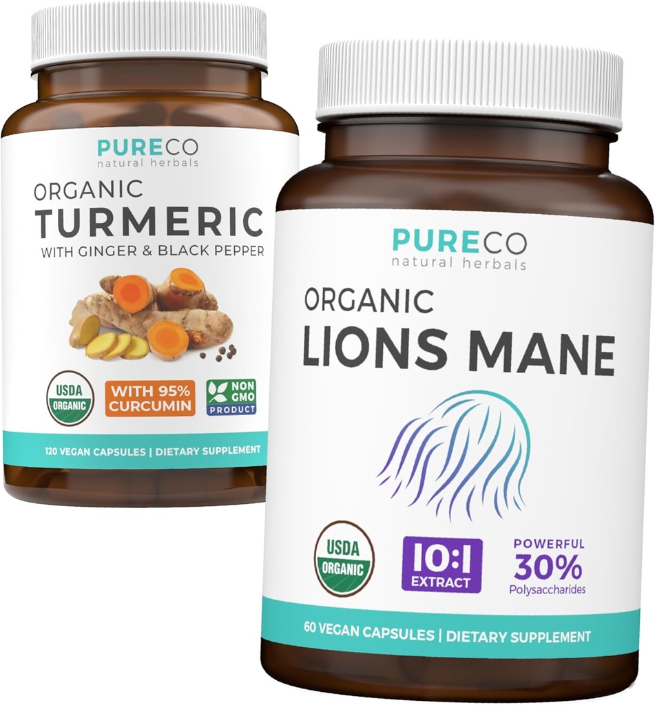 Turmeric & Lions Mane (1-Monats-Versorgung) Mindful Turmeric Bundle of Organic Turmeric Curcumin with Black Pepper & Ginger (120 Caps) & Bio Lions Mane Mushroom 10:1 Extrakt (60 Caps)