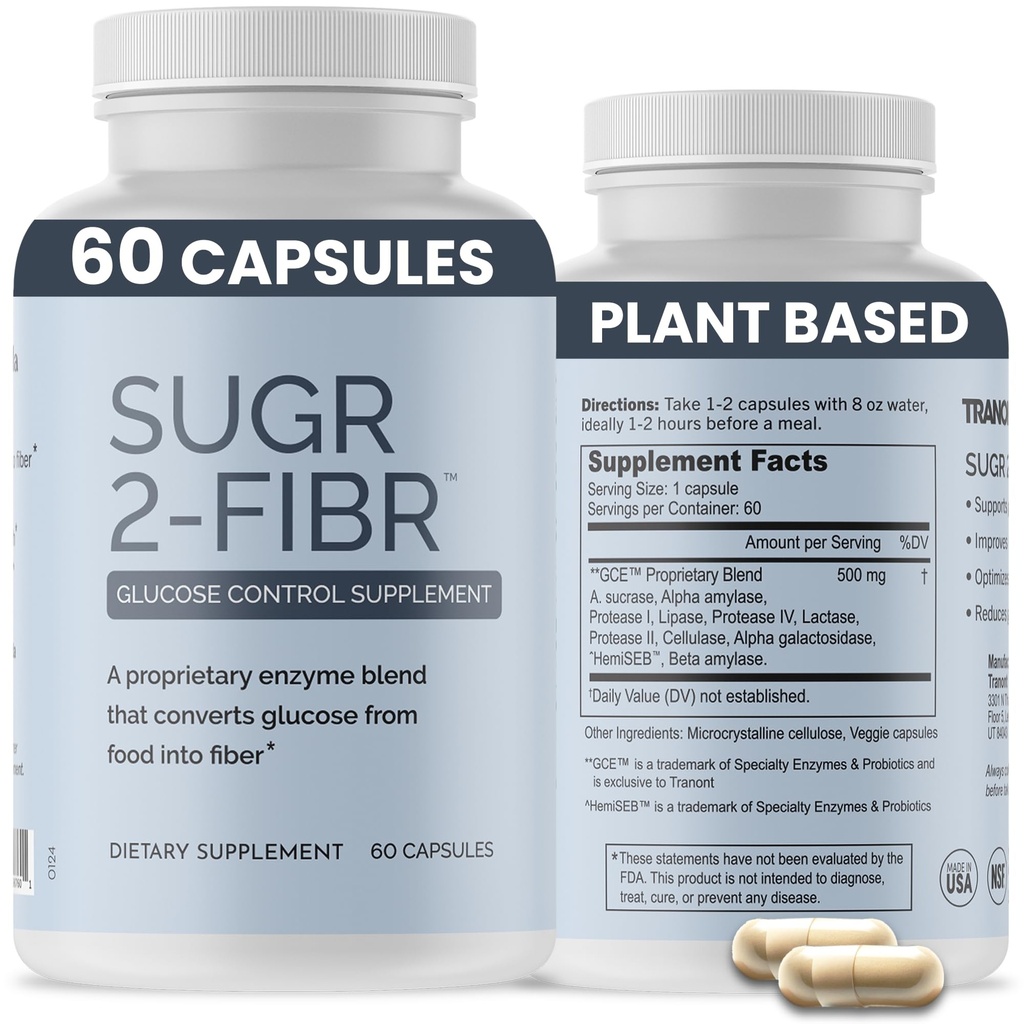 OPTIVIDA Sugr-2-Fibr - Premium-Blutzucker-Supplement* (60 Count) - Unterstützt gesunde Blutzucker-Level* durch die Unterstützung von Glucose-Mebolismus zu Fiber* - Glutenfrei, Non GMO, Veggie Kapseln.