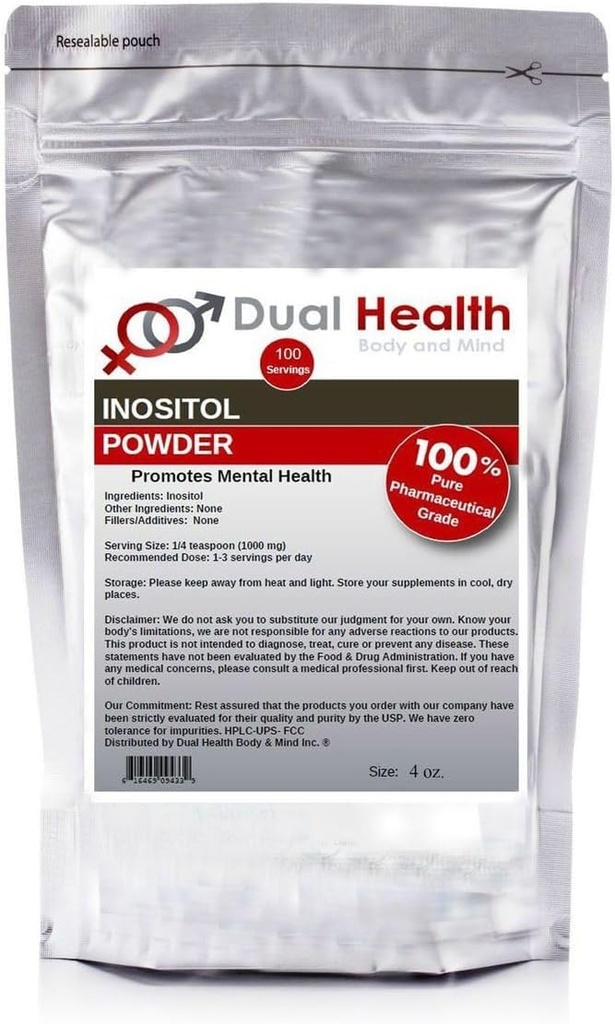 Dual Health Body & Mind Inositol Poudre (4 oz) Vitamine pure B8 Antioxydants Suppléments en vrac 1000mg par portion