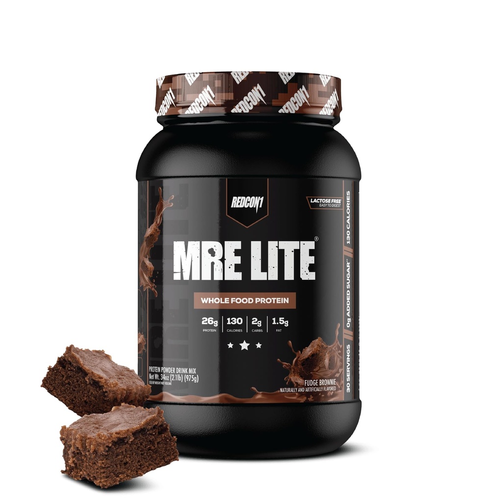 REDCON1 MRE Lite Poudre de protéines alimentaires entières, Fudge Brownie - Remplacement de repas sans glucides et sans lactosérum avec des mélanges de protéines animales - Supplément facile à digérer avec des huiles MCT (30 portions)