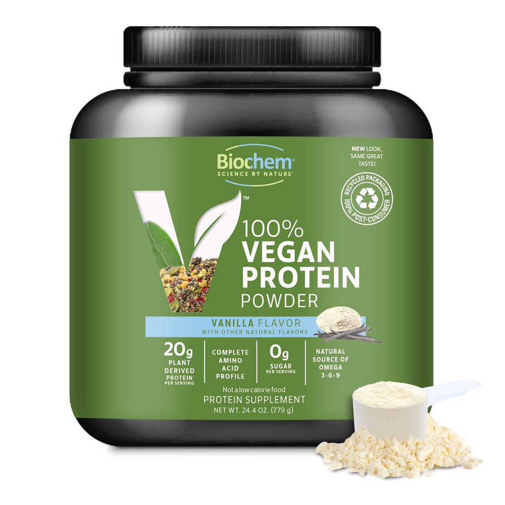 Biochem Vegan Protein Powder, 20g reines pflanzliches Protein per Servieren, Organische Pea, Hanf & Cranberry, Soja-Free, Gluten-Free, Vanille, 1,5 lb