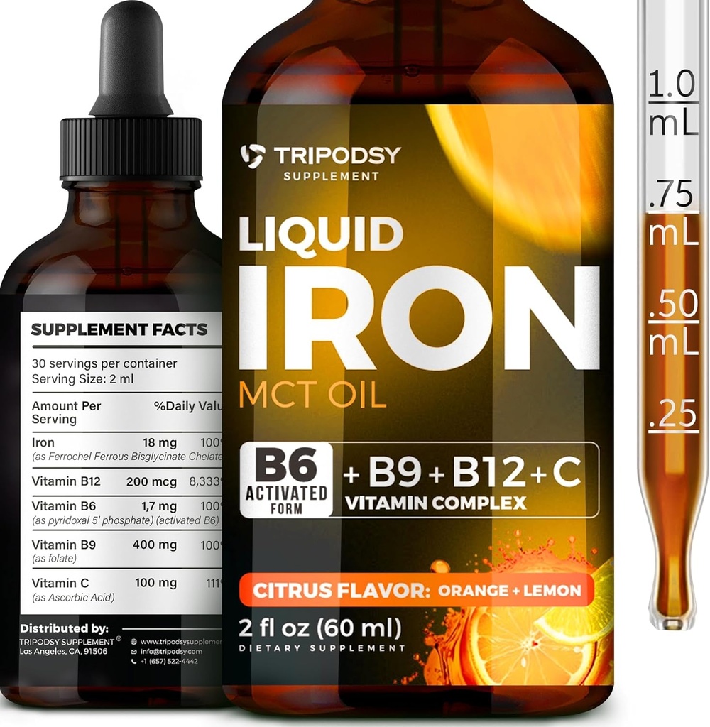 Flüssige Eisenergänzung für Frauen und Männer - Eisen Tropfen mit B6, B9, B12, Vitamin C für Anämie, Blut Builder, Folat für Rote Blutzelle und Immununterstützung MCT-Öl (2 FL OZ, Cirtruc)
