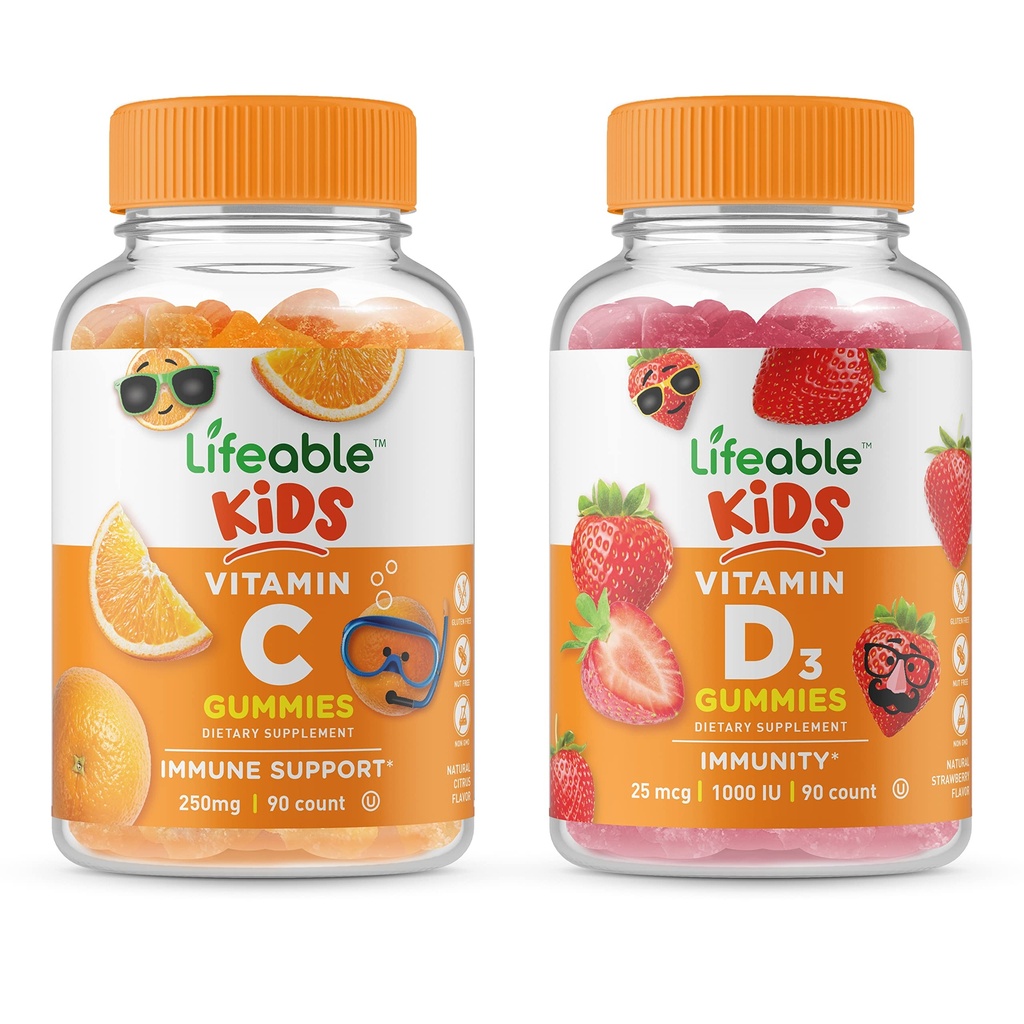 Lebensfähiges Vitamin D Kinder + Vitamin C Kinder, Gummie Bundle - Große Verkostung, Vitamin-Ergänzung, Glutenfrei, GMO frei, Kaugummi