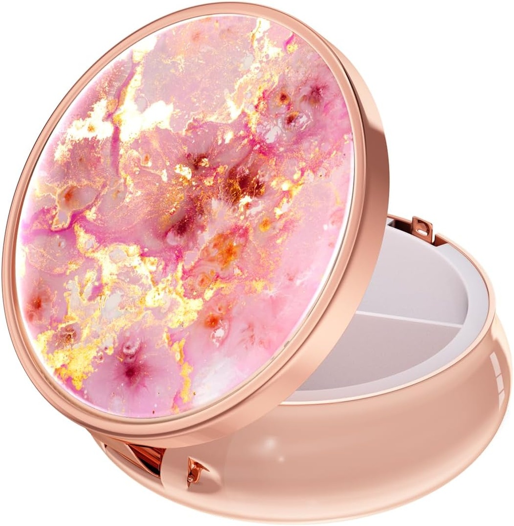 Rouidr Pille Box, 3 Compartment Medicine Pill Case, Small Metal Travel Medicine Box für Geldbörse & Tasche, Rose Gold, Gold Pink Marble
