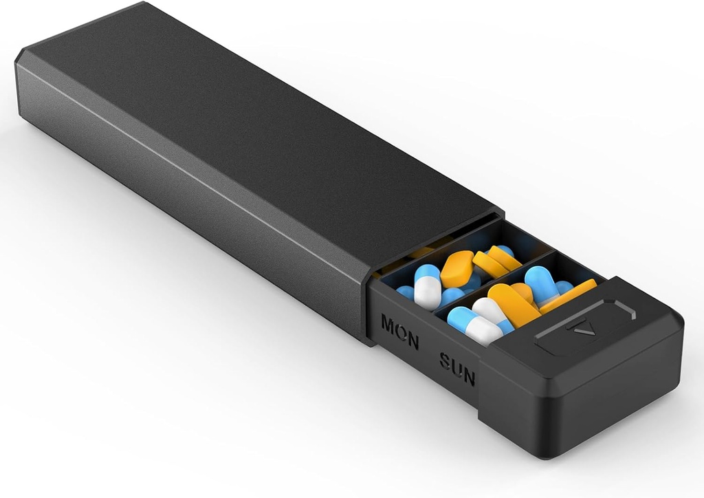 HEIYING Pill Organizer with Aluminium Shell for One Week Capacity, Portable 7 compartiments Pill Box Container to Hold Vitamine, Medicine, Suppléments