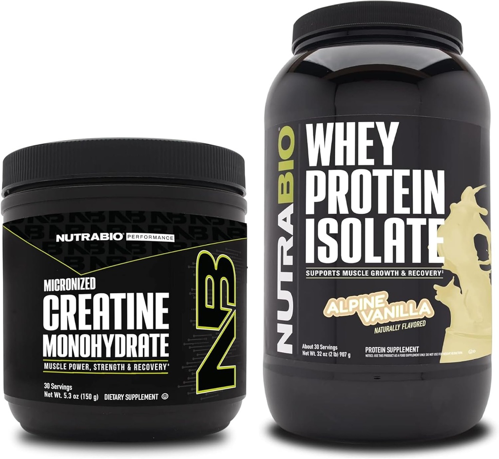 NutraBio Créatine monohydratée, non aromatisée, Isolate de protéines de 150g et de lactosérum, Vanille alpine, supplément - Énergie musculaire, croissance musculaire maigre, récupération et force