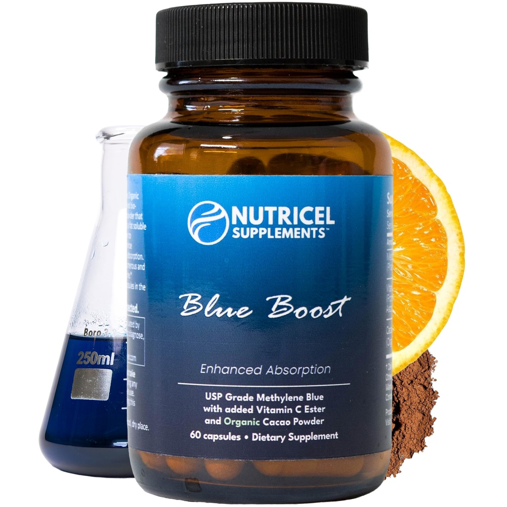 Nutricel Méthylène Blue Capsules - Supplément de qualité pharmaceutique - Confiance fabriquée en Amérique Marque - 12mg (USP Reference Compliant) avec vitamine C Ester Absorption améliorée - Testé par une tierce partie (60ct)