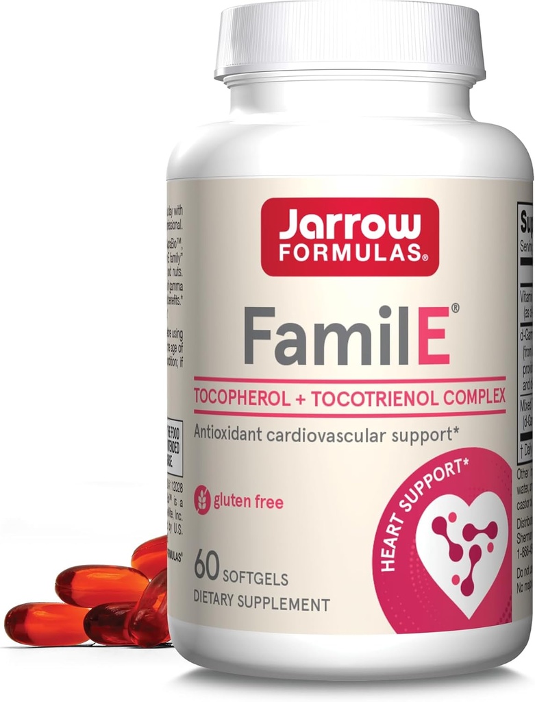 Formules Jarrow Famil-E - Promotion de la santé cardiaque et cardiovasculaire - Contient les huit membres de la famille de la vitamine E - Riche en gamma tocophérol et tocotriénols - 60 softgels