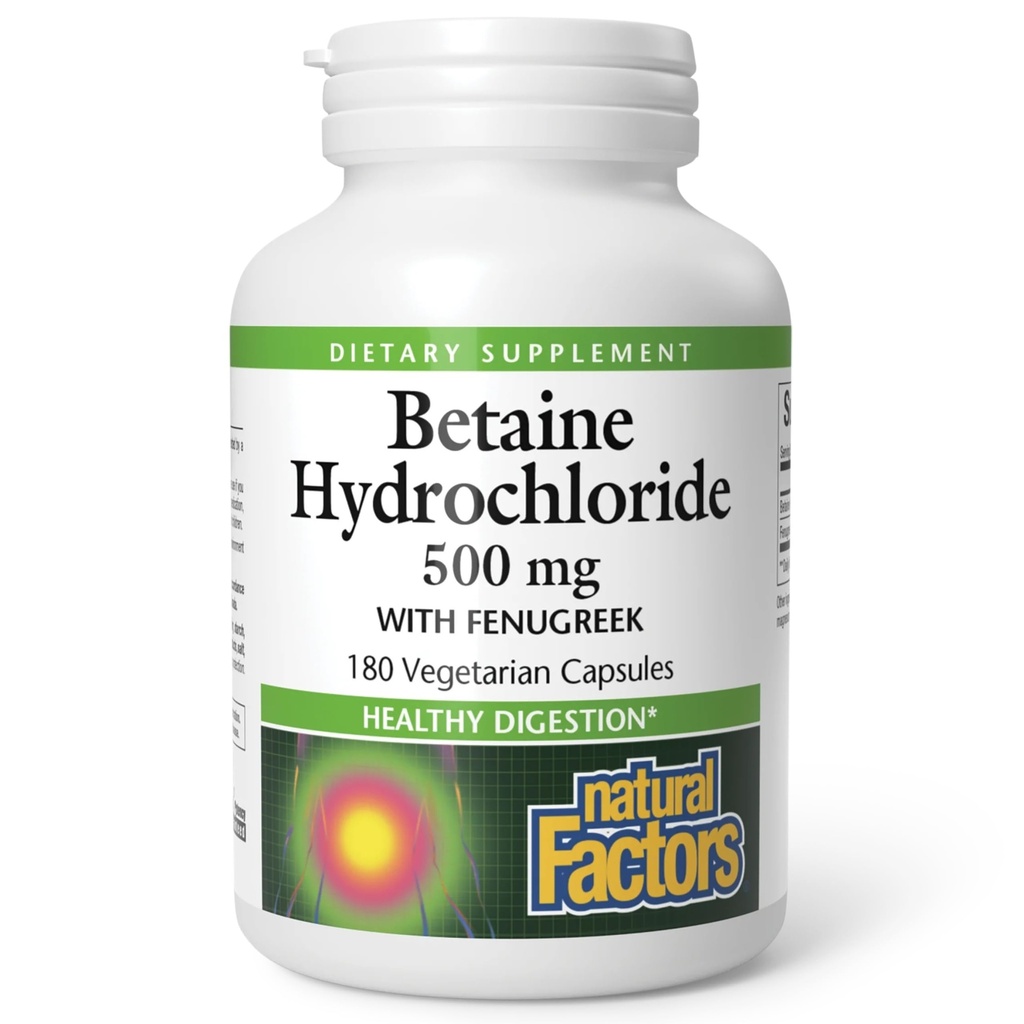 Natürliche Faktoren, Betaine HCL 500 mg, Unterstützt gesunde Verdauung und ein gesundes Mikrobiom, 180 Kapseln (180 Portionen)