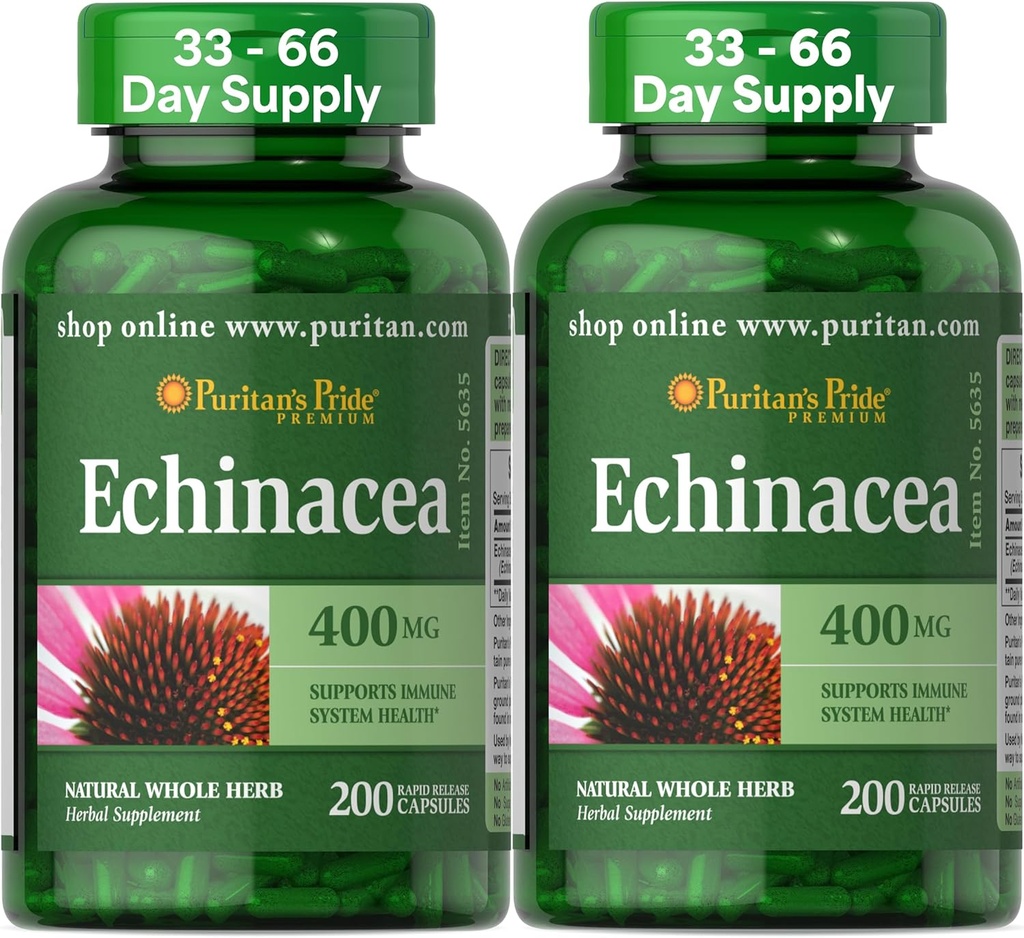 Puritan's Pride Premium Echinacea Natürliche Ganze Kräuterergänzung 400mg, Nahrungsergänzungsmittel für Gesundheit, Immunsystem Unterstützung, 200 Schnelle Freisetzung Kapseln, 2 Pack