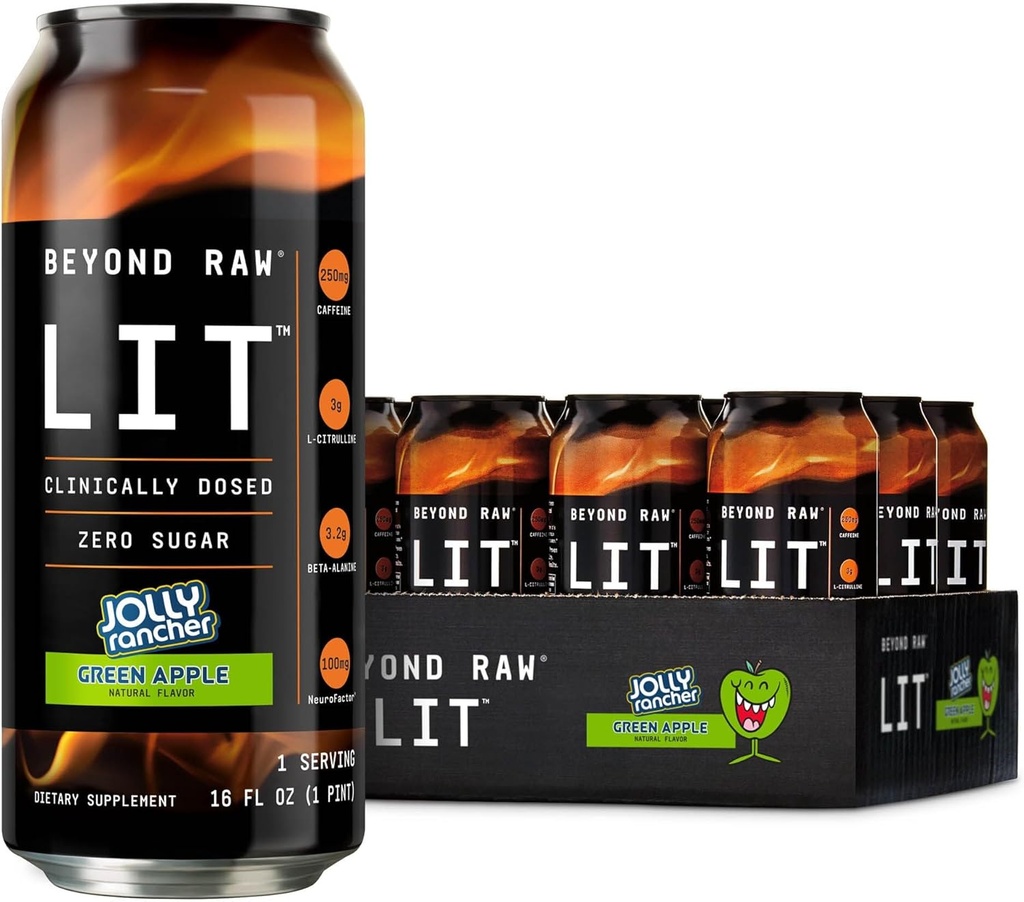 Jenseits Raw LIT Bereit zu trinken Pre Workout, Jolly Rancher Green Apple, Für Energie, Fokus, Intensität und Pumps, Mit Nitric Oxide Boost, Zero Sugar, 250mg Koffein mit Beta Alanine, 12 Dosen