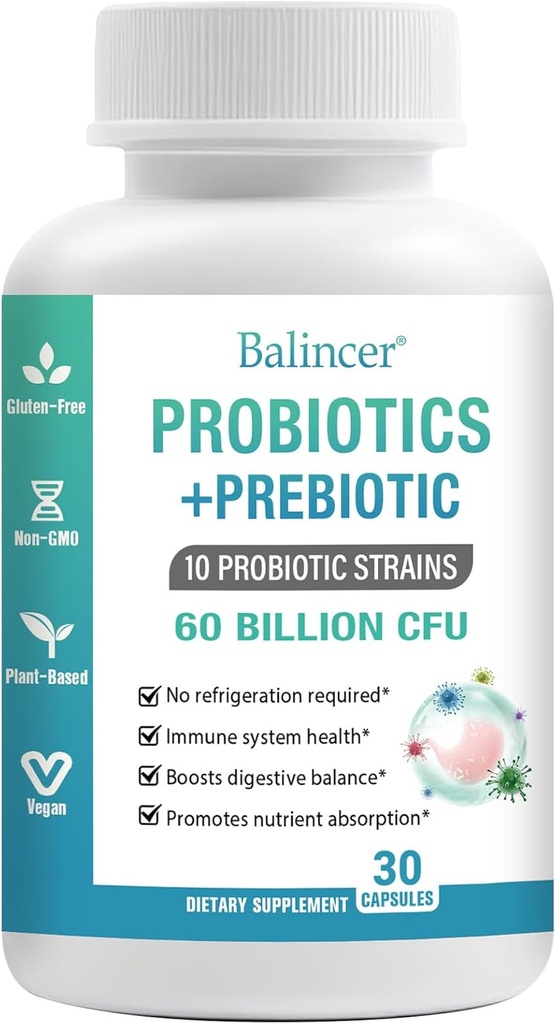 Probiotics and Organic Prebiotics for Women & Men, 60 Billion CFUs 10 Strains, Unterstützung Verdauungs- & Gut Gesundheit, Gas & Bloating, 30 Kapseln