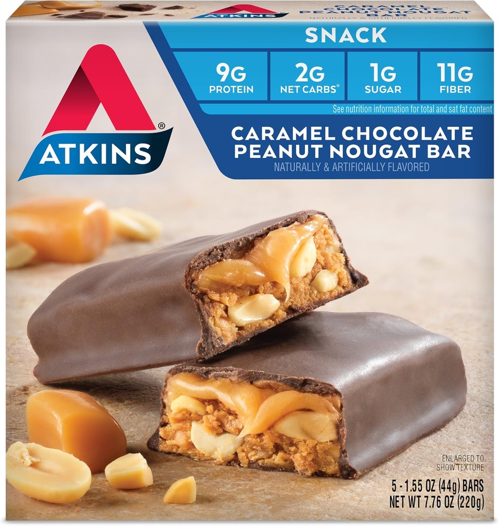 Atkins Caramel Schokolade Peanut Nougat Snack Bar, Protein Snack, High in Fiber, 2g Zucker, Keto Friendly, 5 Count