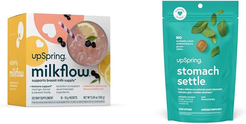 UpSpring Stomach Settle Drops, Mint Flavour, 28 Ct+Milkflow Stillende Ergänzung Getränke Mix mit Moringa & Blessed Thistle, No Fenugreek |Elderberry Lemonade Flavor | 16 Getränkemischungen