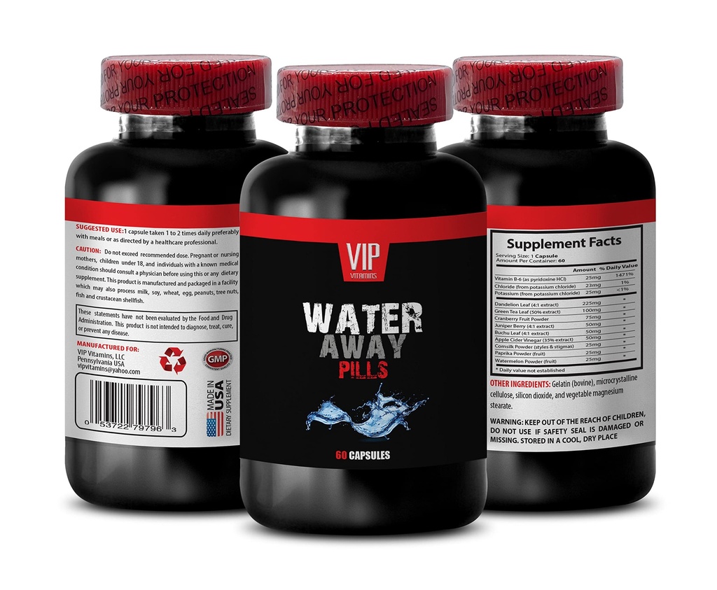 Harnwege-Unterstützung - WASSER AWAY DIURETIC PILLS - Wassermelone, Dandelion, Paprika, Kalium, Diuretika für Wassereinlagerung in Beinen und Füßen, Diuretika Wasser Pillen, diuretische Ergänzungen, 1B 60 Caps
