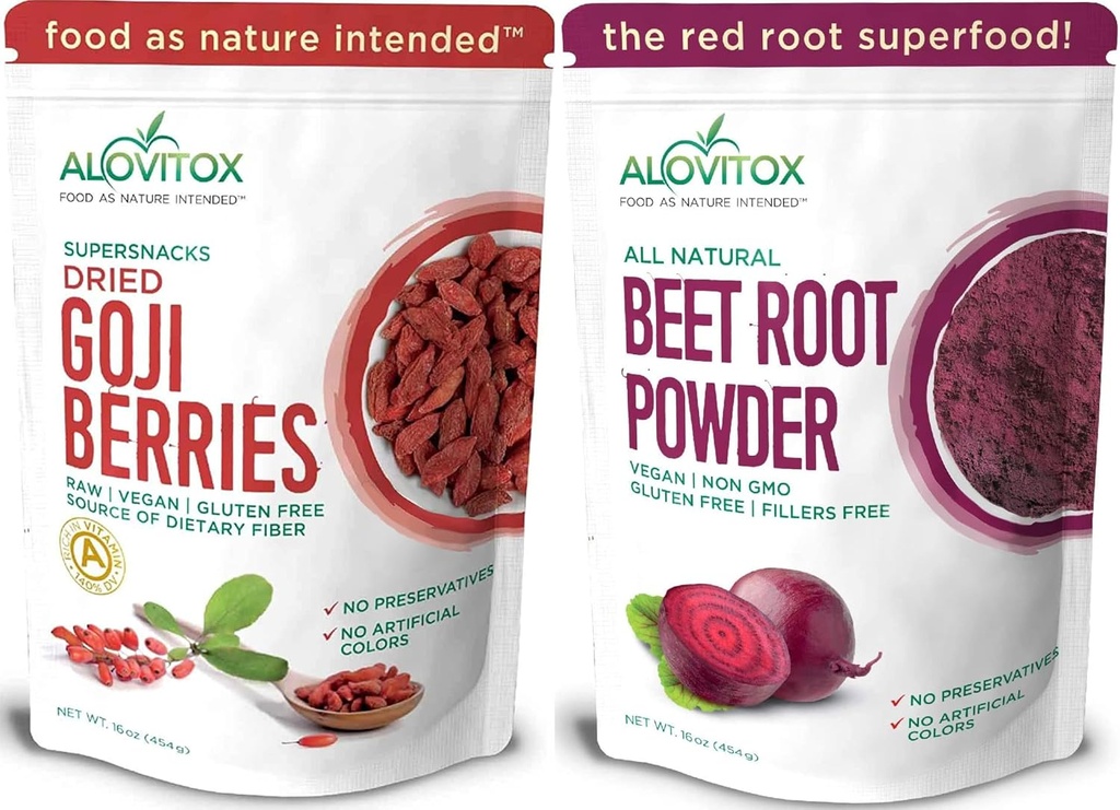 Alovitox Beet Root Powder & Goji Berries. 100% Pure, frais et biologique Vegan Superfood avec des vitamines A, C & Iron.