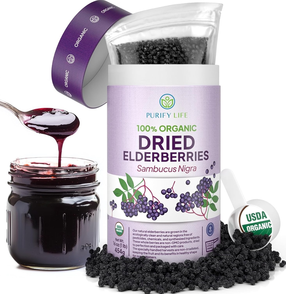 USDA Inlandberries séchées biologiques 1 lb en vrac (emballage Safest, sac refermable, sans BPA) naturel, non irradié, fraisier noir cru entier, soutien immunitaire, faire Sambucus Elderberry sirop, 1 livre