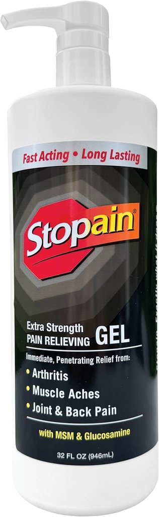 Stopain Pain Relief Gel 32oz, USA Made, Max Strength Fast Acting with Menthol, MSM, Glucosamine for Joint Pain, Back Pain, Arthritis, Knee, Neck Pain, HSA FSA Approved OTC Topical Analgesic Product
