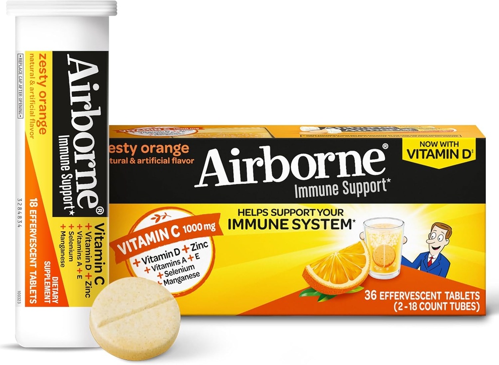 Vitamin C 1000mg (pro Portion) - Airborne Zesty Orange Effervescent Tablets (36 Anzahl in einer Box), Glutenfreie Immununterstützungsergänzung mit Vitaminen A C E, ZINC, Selen, Echinacea & Ginger