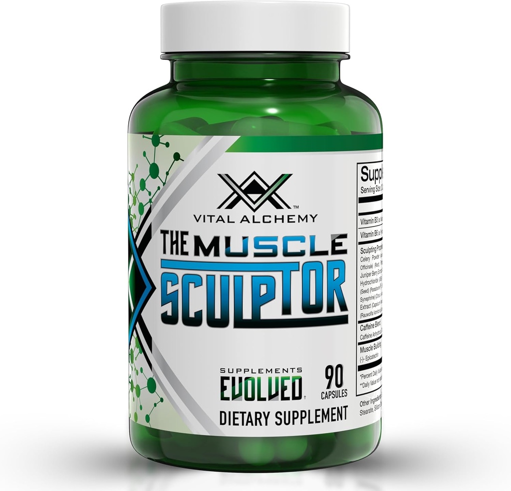 Vital Alchemy Der Muskelskulptor– Muskelaufbau mit Vitamin B3, B6, Phosphatidylserin, Epicatechin & Cayenne – unterstützt Muskelwachstum, Fokus, Energie & Proteinsynthese, Made in USA – 90 Kapseln