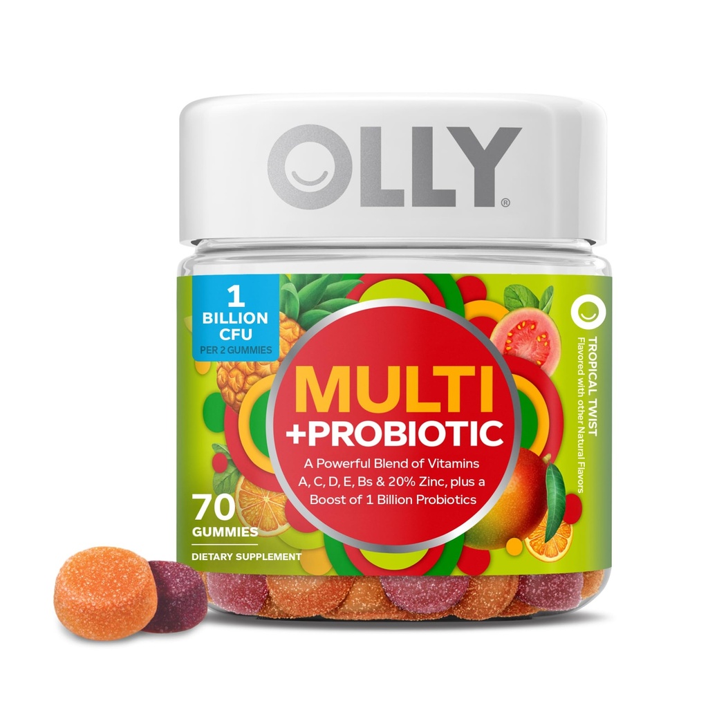 OLLY Multi + Probiotique adulte multivitamine Gummy, Digestive et système immunitaire Support,* Supplément à croquer, Aromatisé Tropical, 35 jours d'approvisionnement - 70 Comte