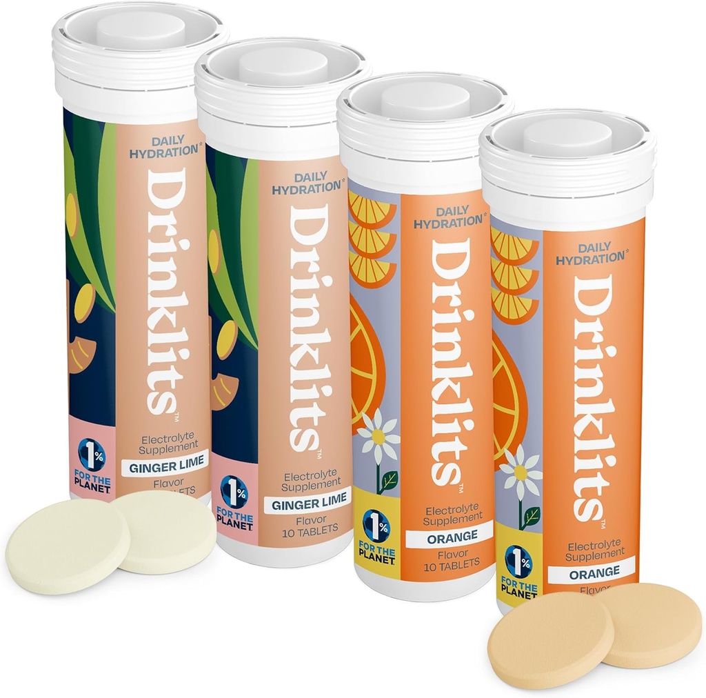 Drinklits Ginger-Lime & Orange Elektrolyt Tablets (4) Tube Bundle | Daily Hydration Combo Pack | Delicious Natural Flavors - 0g Zucker | 40 Servierungen - 10 Tabletten pro Tube