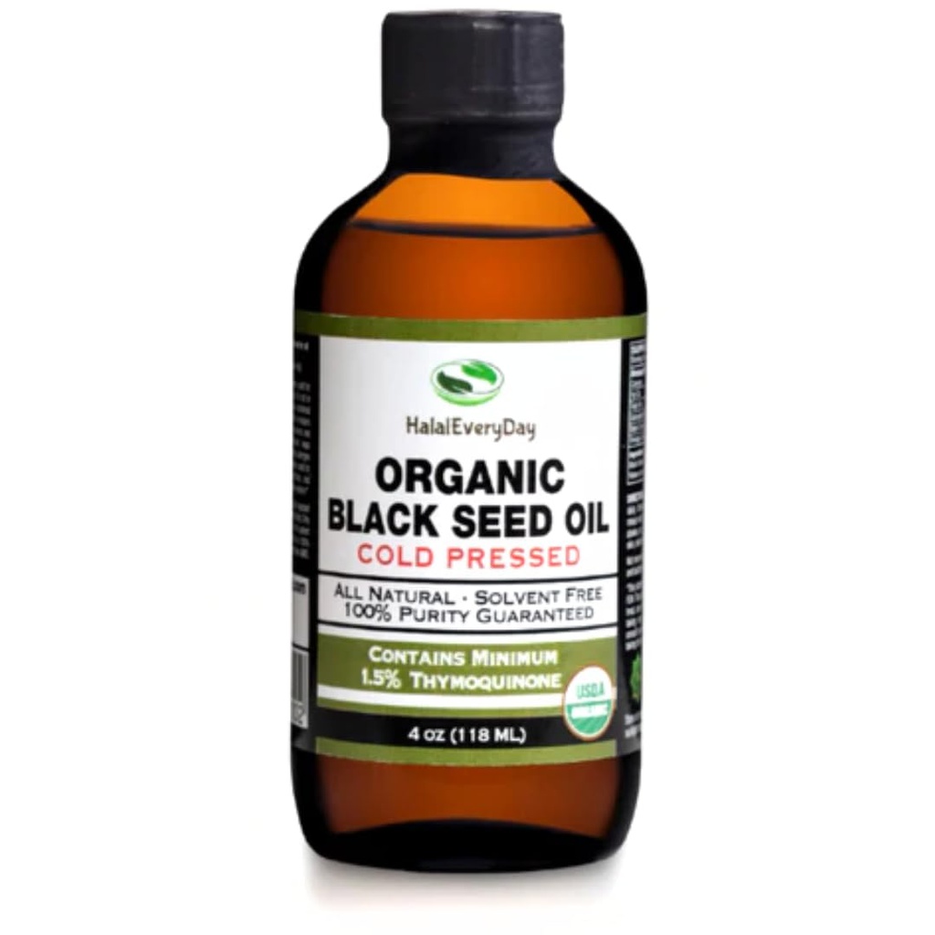 Huile de graine noire biologique - Bouteille de verre pressée à froid certifiée USDA Plus de 1,5% Thymoquinone 3X Strength Turkey Black Cumin Nigella Sativa Non-GMO 100% pure huile de grain noir (4oz bouteille de verre)