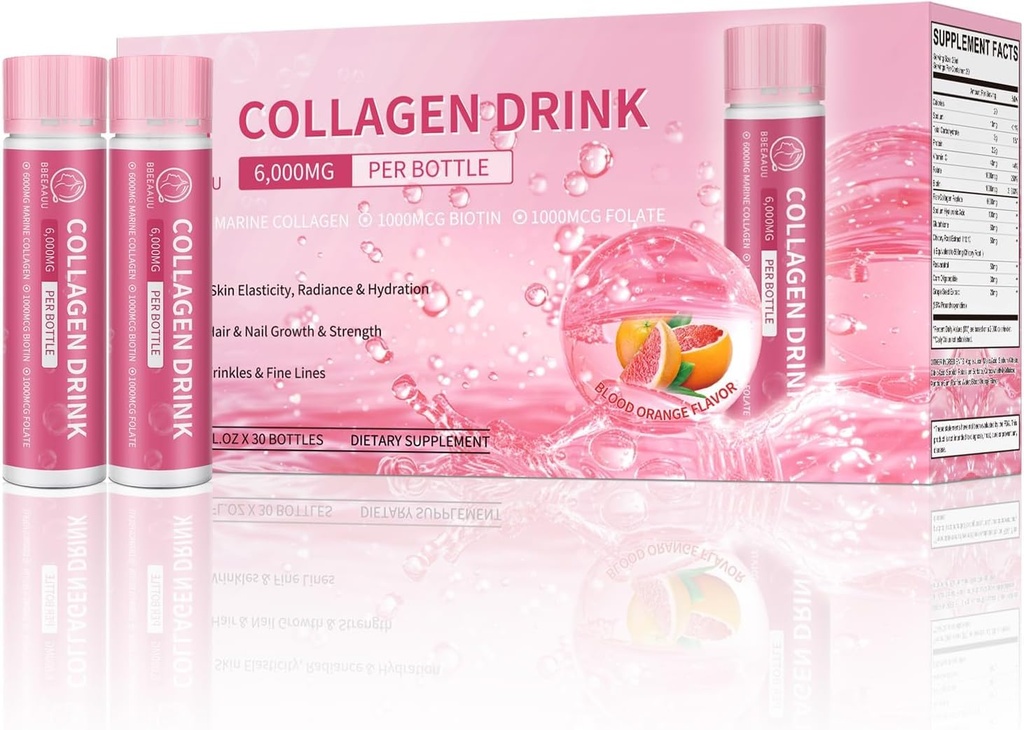 Collagen Drink mit 6000 mg Marine Collagen Peptide, flüssige Collagen Shots für Damen unterstützen Schönheit, Collagen Ergänzungen für Haut, Haar und Nagel Wellness, 0.85 Fl.Oz(25 ml)x30 Flaschen, Blut Orange