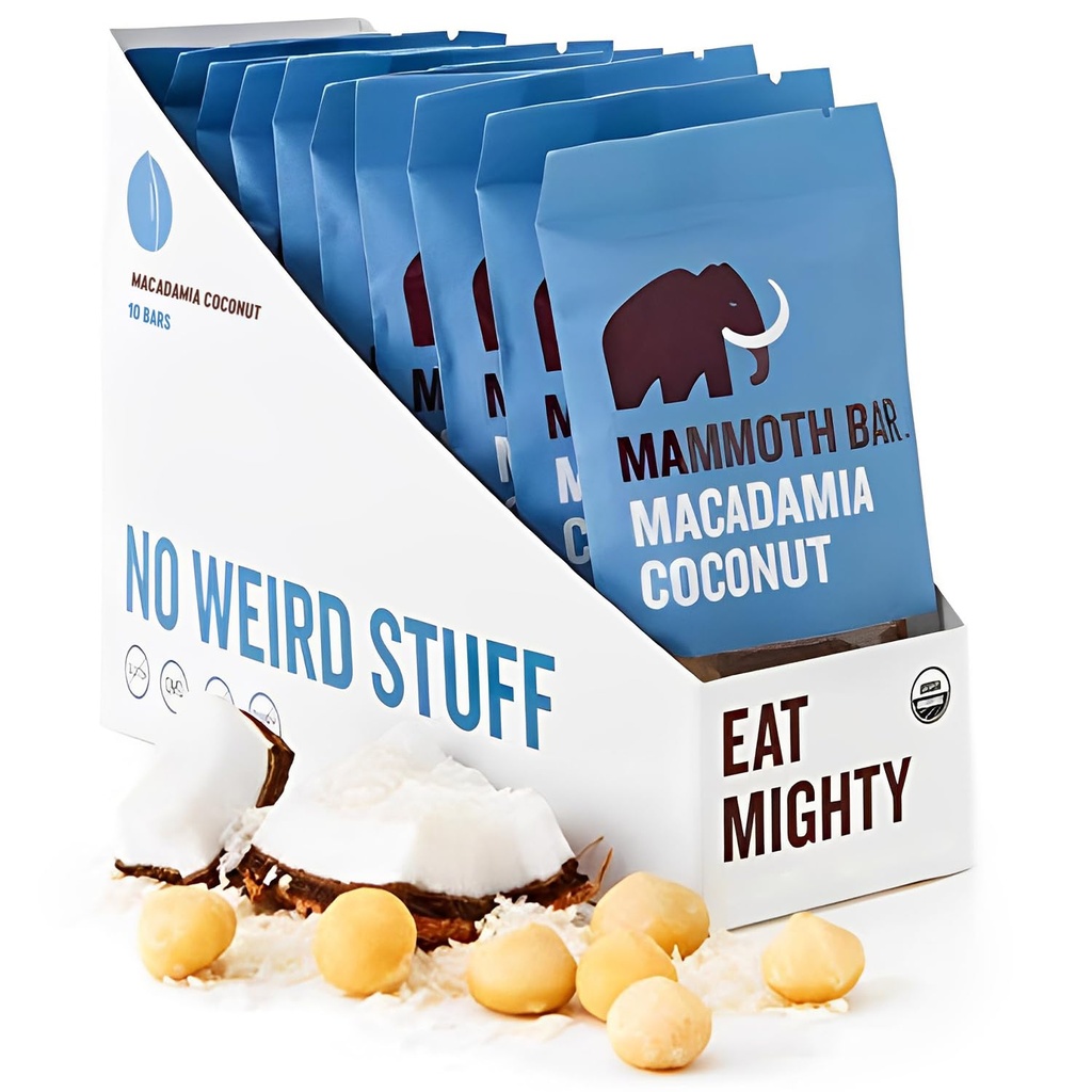 Mammoth Bar Macadamia Coconut Bar - 10 Bio Protein Bars – High Fiber • Paleo • Glutenfrei • Eiprotein • GMO Free • Rohe • Premium-Nüsse • Präbiotische