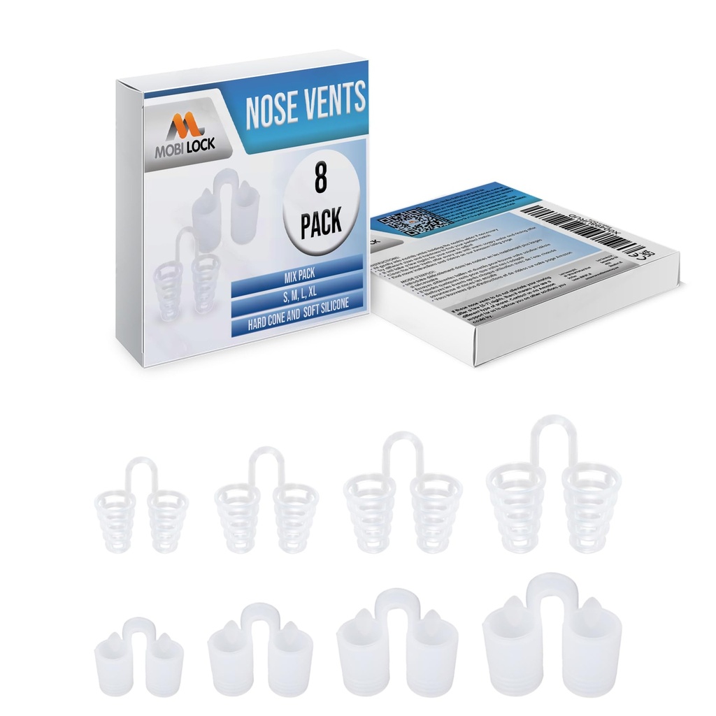 Nose Vent Sinus Relief Dilator (Pack of 8 Various Sizes) - A Simple Solution for Nasal Snorers - Reusable Snoring Device to Enjoy a Peaceful Night's Sleep - by Mobi Lock