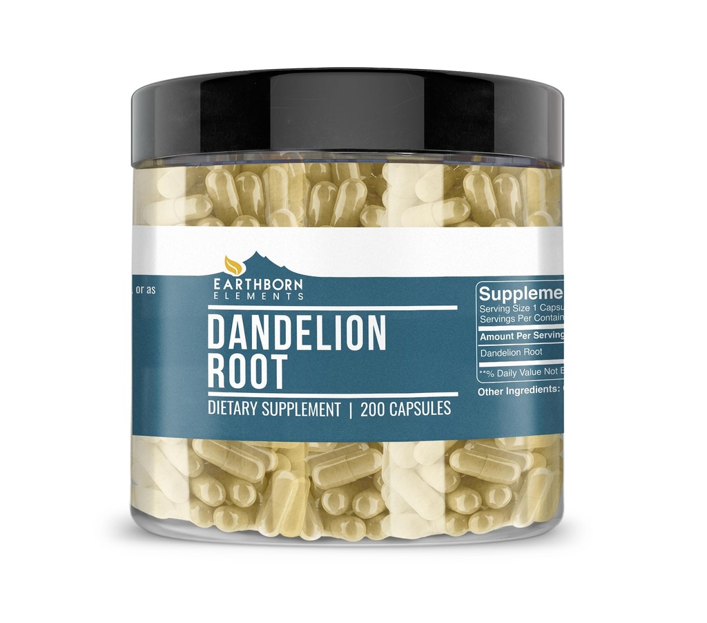 Éléments terriens Dandelion Root 200 Capsules, pures et non diluées, sans additifs