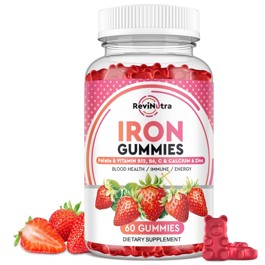 Eisengummis - mit Kalzium, Zink, Folat & Vitamin B12, C,B6 für Erwachsene & Kinder - Blutbauer & Energie Unterstützung für Eisenmangel, Anämie, Vegan - 60 Gummis