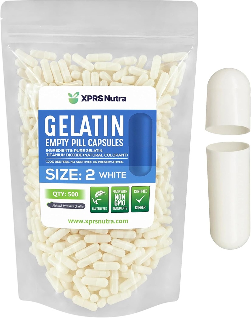 XPRS Nutra Größe 2 Leere Kapseln - 500 Graf Leere Gelatine Kapseln - Pillen DIY Kapsel Füllung - Pure Bovine Pill Gel Kapseln für Do-It-Yourself Ergänzungen (Weiß)
